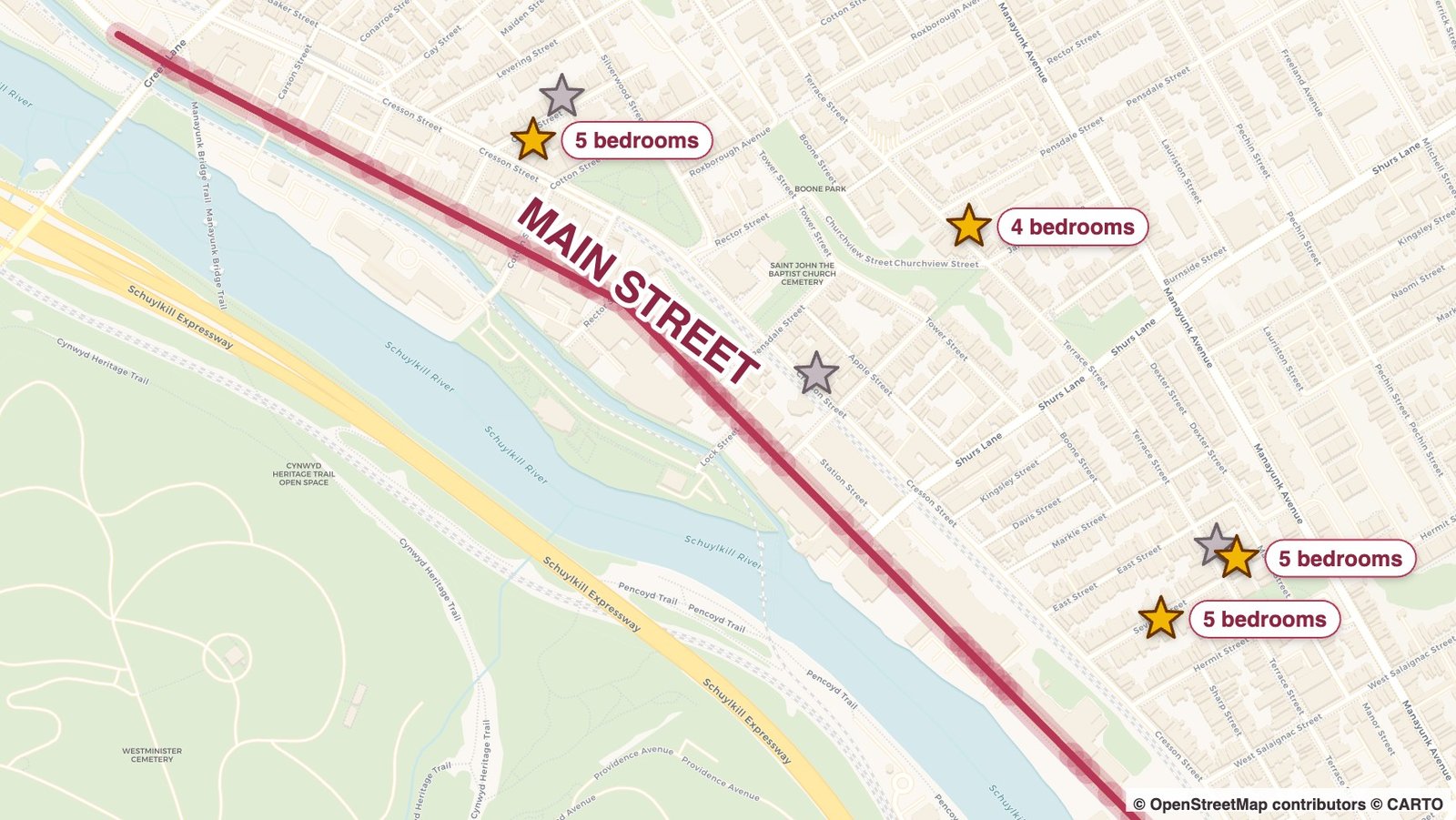 Map of Manayunk showing Main Street, with gold stars marking the houses open for June 2027 and their bedroom counts